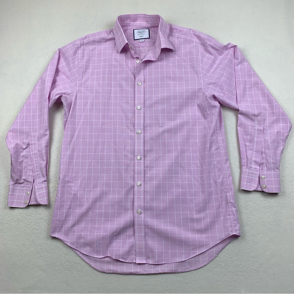 Charles Tyrwhitt Button Up Shirt Mens 16 Large Pink Plaid‎ Check Outdoor Casual